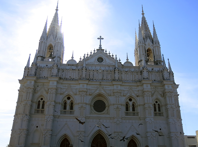 The beautiful white filigree facade of the cathedral at Santa Ana