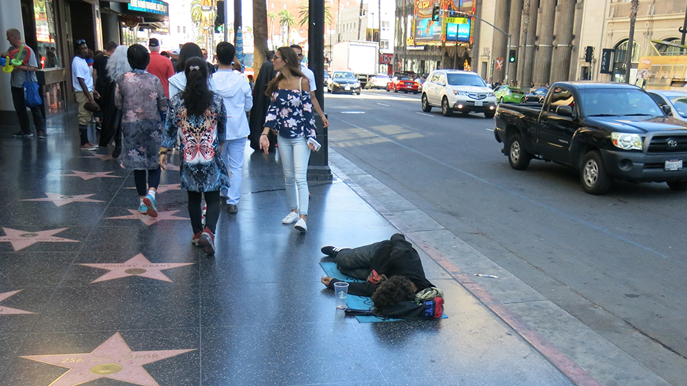 Stars and homeless decorate the Walk of Fame