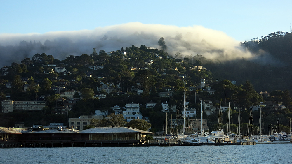 The fog rolling over the hills into Sausalito