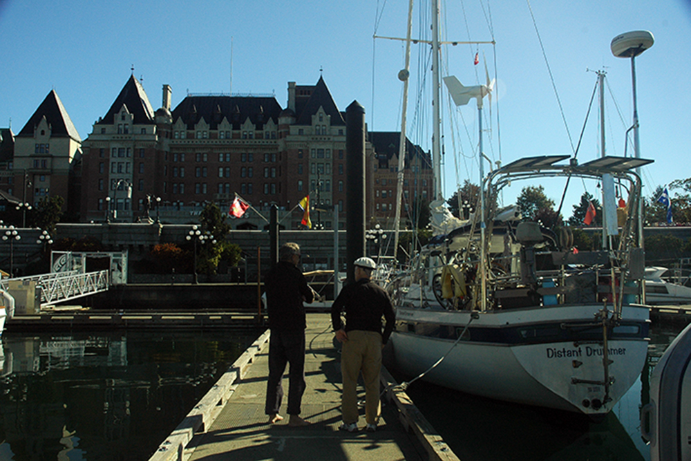 Distant Drummer tied up in the Casuseway Marina in front of the Empress Hotel, Victoria